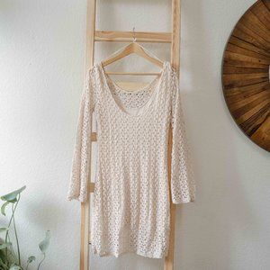 Free People White Cream Boho 70s Embroidered Braided Dress